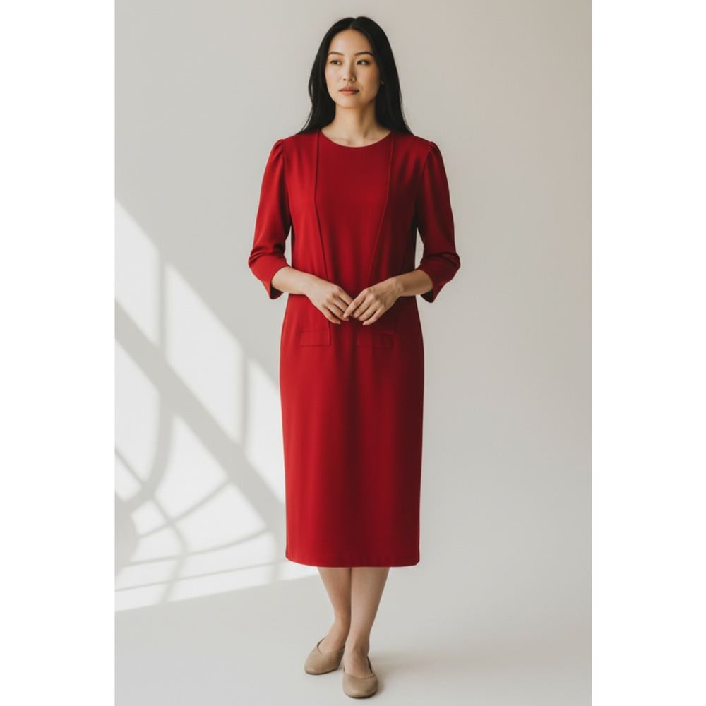 Vintage Red Knit 3/4 Sleeve Knee Length Sheath Career Dress‎ Size 12 Preppy